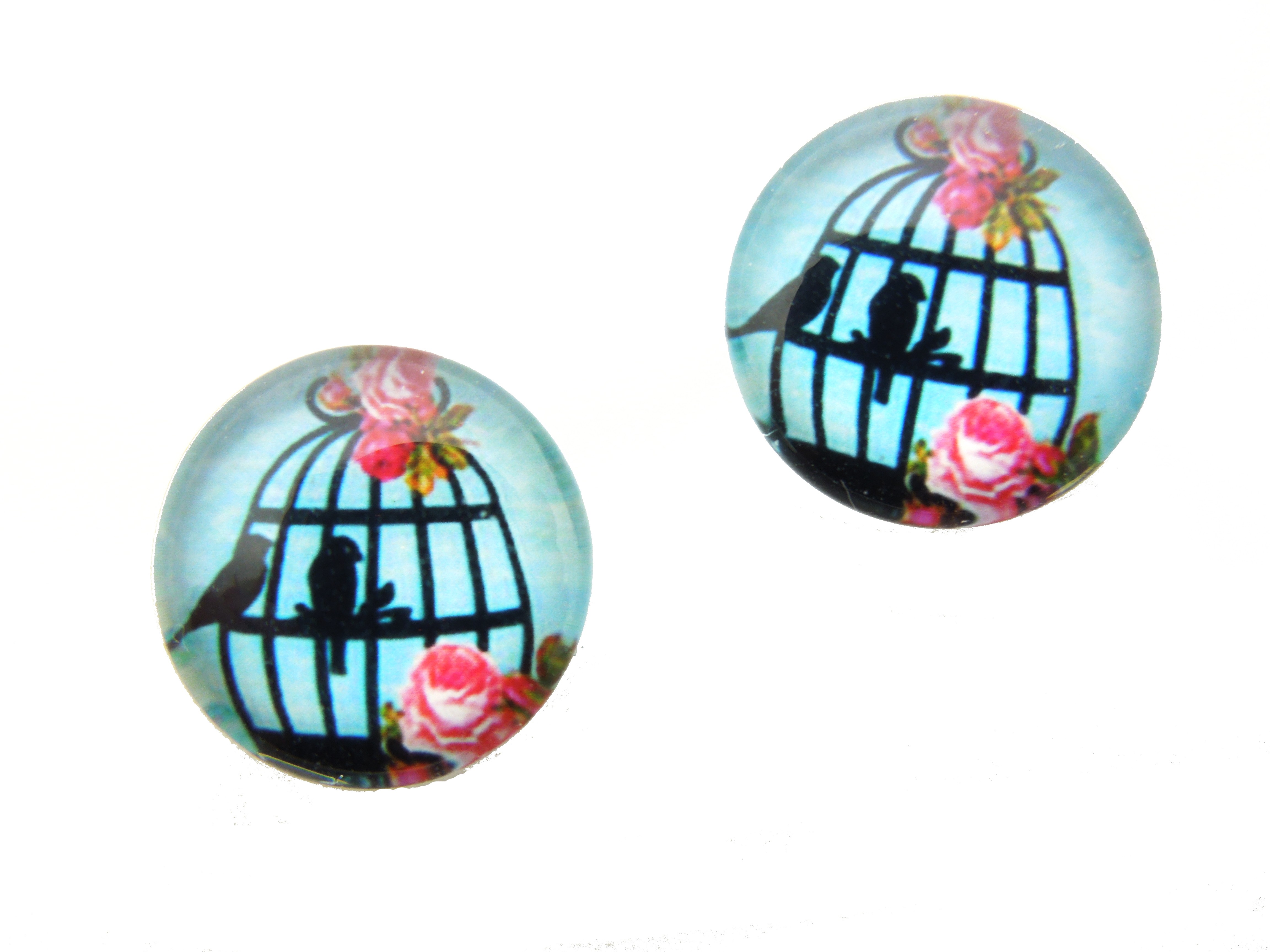 2 Cabochons en Verre Illustrés Cage Oiseaux 12mm