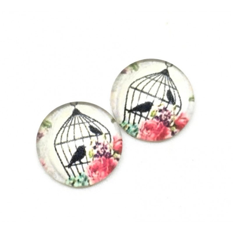 2 Cabochons en Verre Illustrés Cage Oiseaux Silhouette 12mm