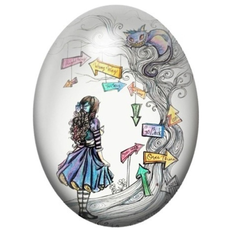 Cabochon en Verre Illustré Alice aux Panneaux Fantaisistes 13x18, 18x25 ou 30x40mm