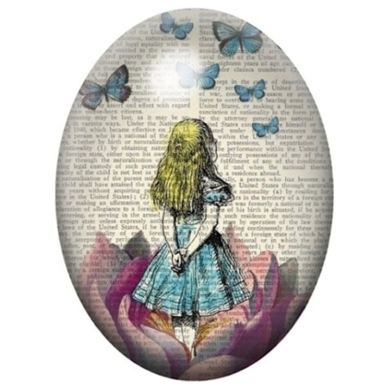Cabochon en Verre Illustré Alice aux Papillons sur Papier Ancien 13x18, 18x25 ou 30x40mm