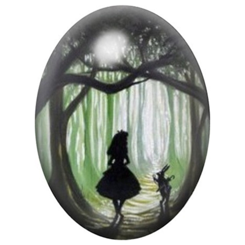 Cabochon en Verre Illustré Alice et le Lapin dans la Forêt 13x18, 18x25 ou 30x40mm