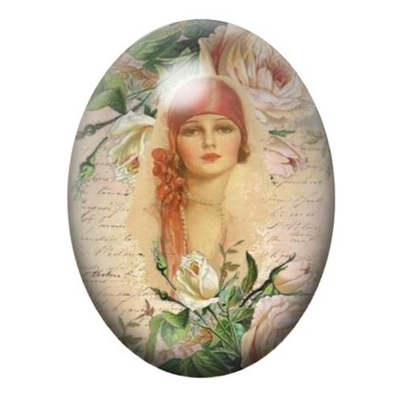 Cabochon en Verre Illustré Femme Vintage 13x18, 18x25 ou 30x40mm