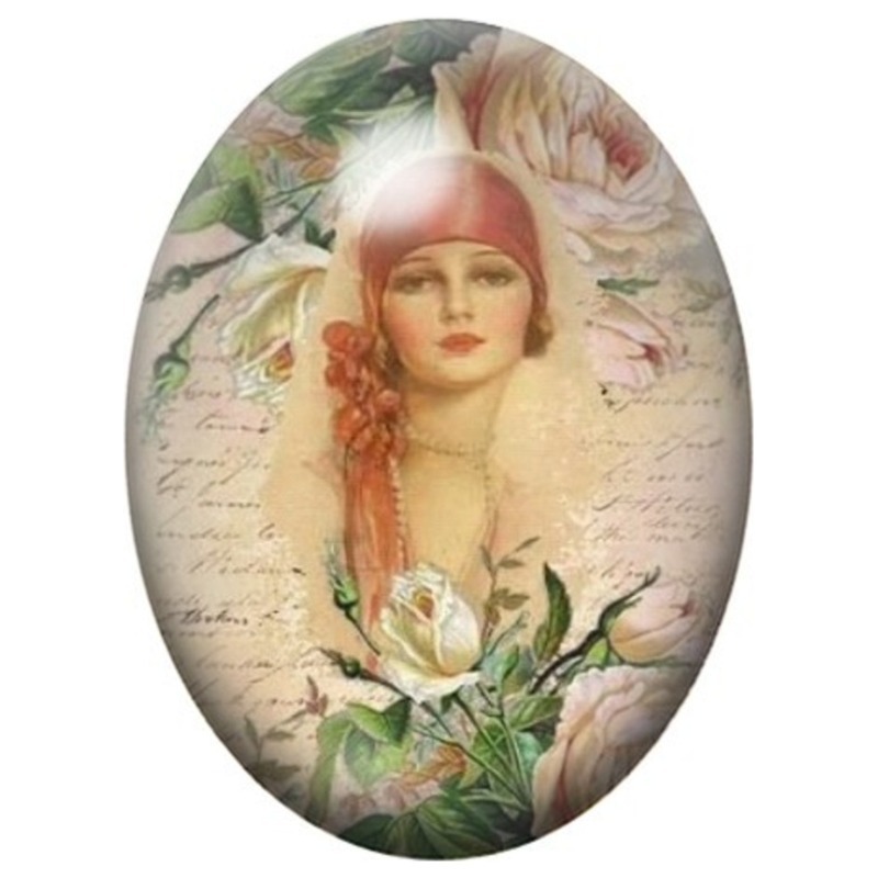 Cabochon en Verre Illustré Femme Vintage au Turban Rose 13x18, 18x25 ou 30x40mm