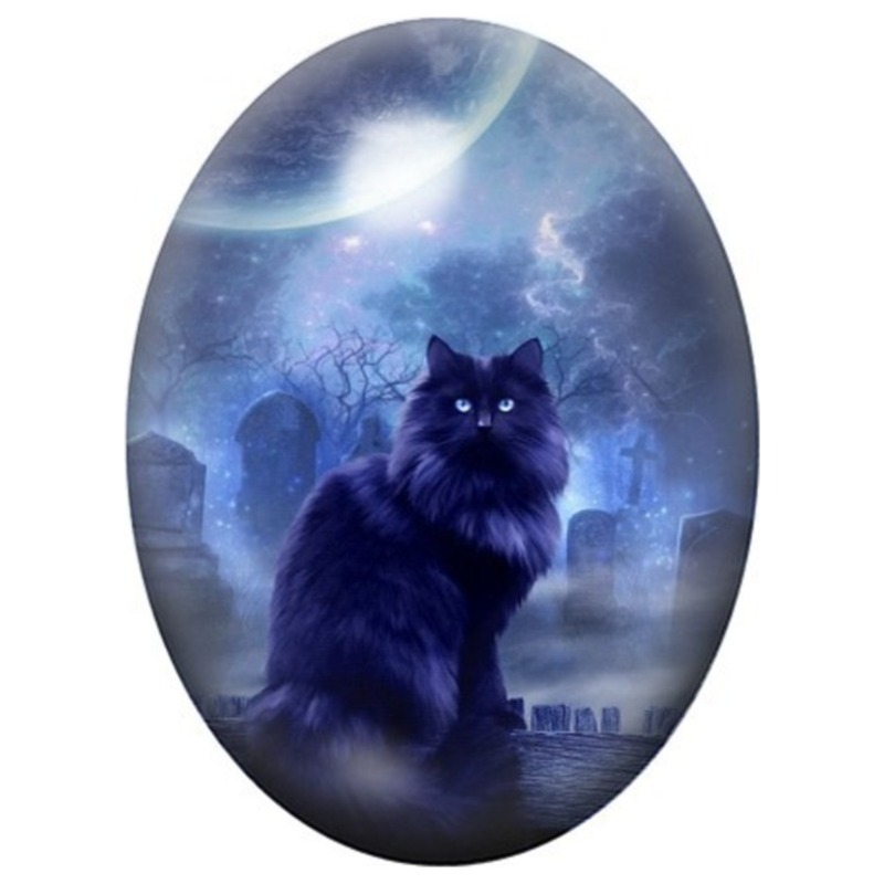 Cabochon en Verre Illustré Chat Noir sous la Lune Bleue 13x18, 18x25 ou 30x40mm