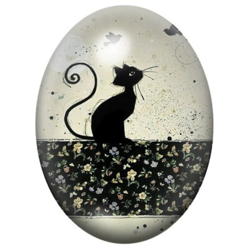 Cabochon en Verre Illustré Chat Noir au Chapeau 13x18, 18x25 ou 30x40mm