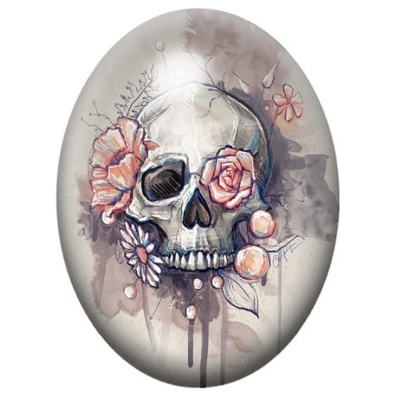 Cabochon en Verre Illustré Crâne Aquarelle aux Fleurs Roses 13x18, 18x25 ou 30x40mm