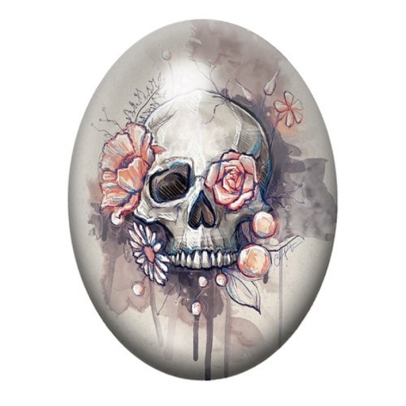 Cabochon en Verre Illustré Crâne Tête de Mort Gothique 13x18, 18x25 ou 30x40mm