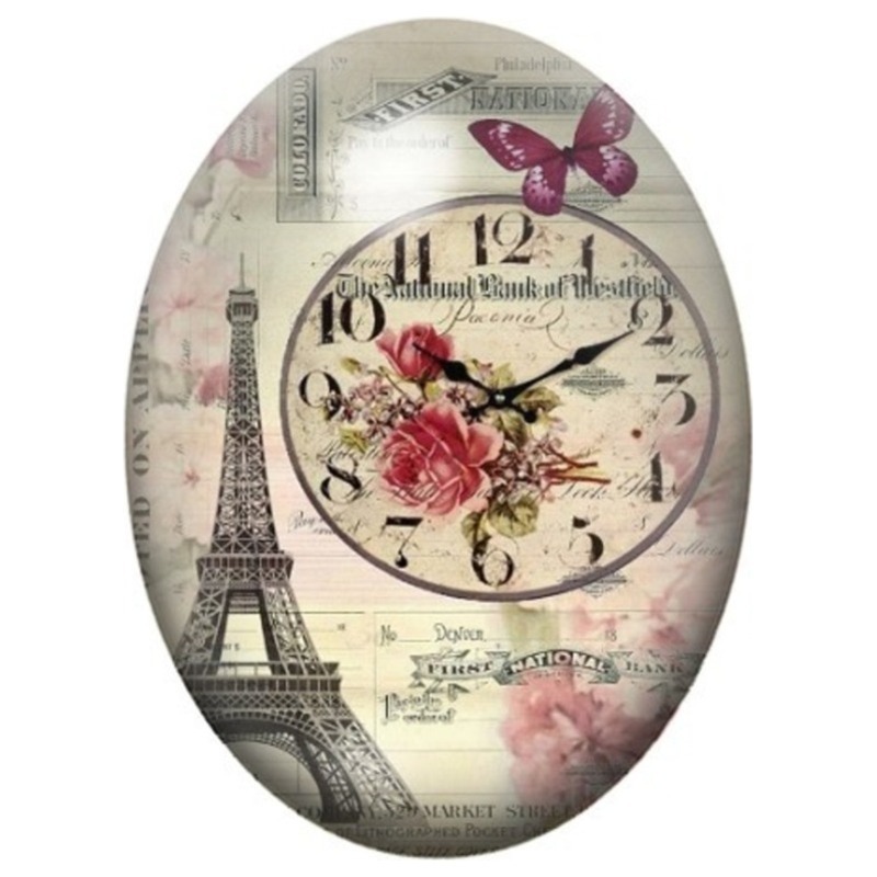 Cabochon en Verre Illustré Tour Eiffel et Horloge Fleurie 13x18, 18x25 ou 30x40mm