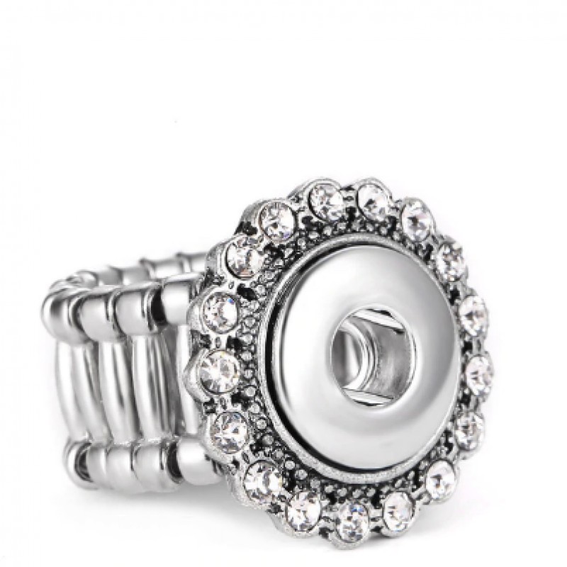 Support Bague Ajustable Argenté et Strass pour Bouton Pression Snap 12mm