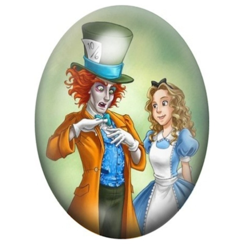 Cabochon en Verre Illustré Alice et le Chapelier Fou 13x18, 18x25 ou 30x40mm