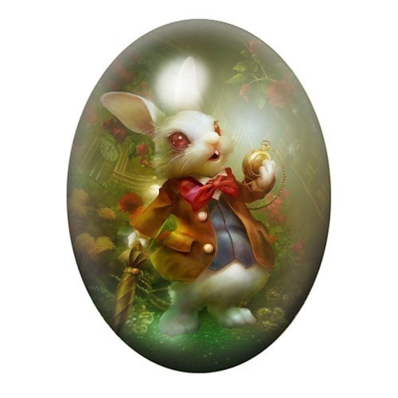 Cabochon en Verre Illustré Lapin Blanc Alice au Pays des Merveilles 13x18, 18x25 ou 30x40mm