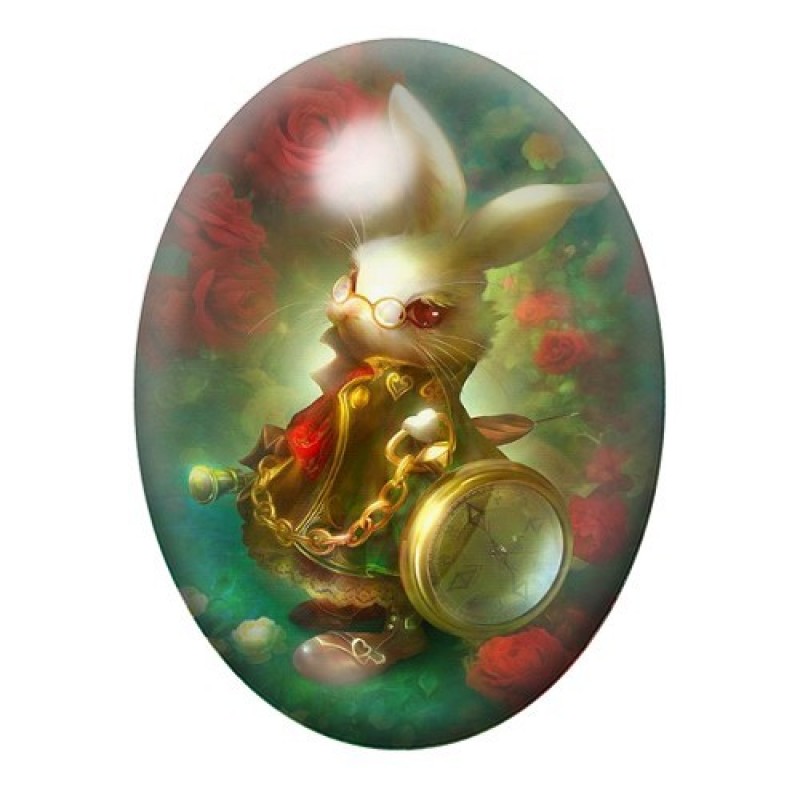Cabochon en Verre Illustré Lapin Blanc Alice au Pays des Merveilles 13x18, 18x25 ou 30x40mm
