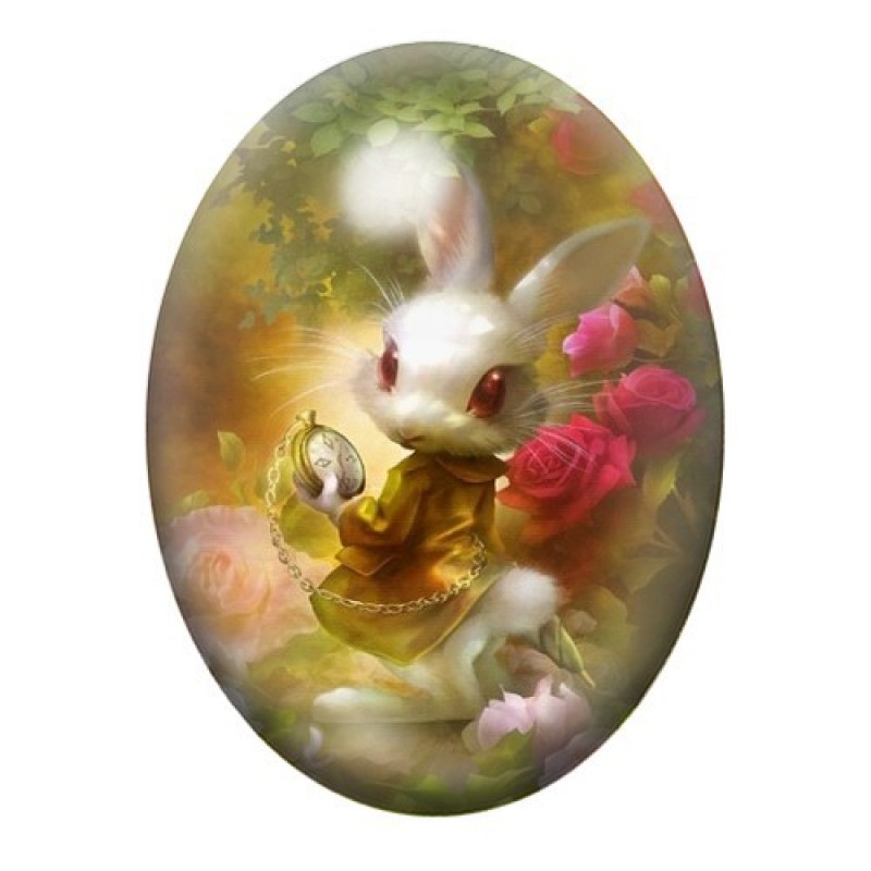 Cabochon en Verre Illustré Lapin Blanc Alice au Pays des Merveilles 13x18, 18x25 ou 30x40mm