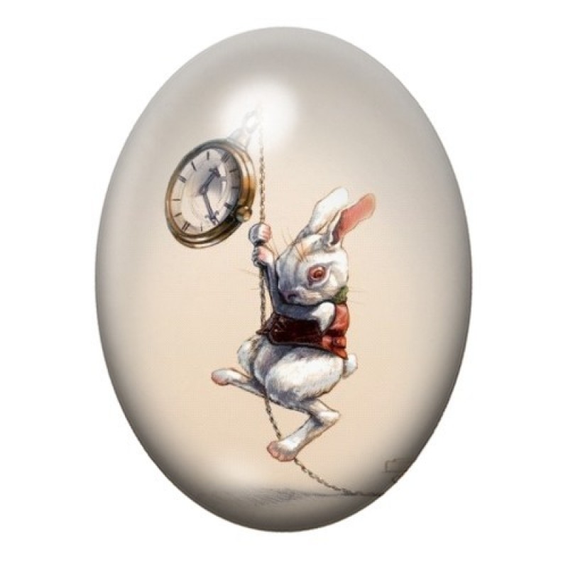 Cabochon en Verre Illustré Lapin Blanc Alice au Pays des Merveilles 13x18, 18x25 ou 30x40mm