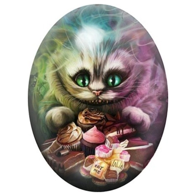 Cabochon en Verre Illustré Chat du Cheshire au Thé 13x18, 18x25 ou 30x40mm