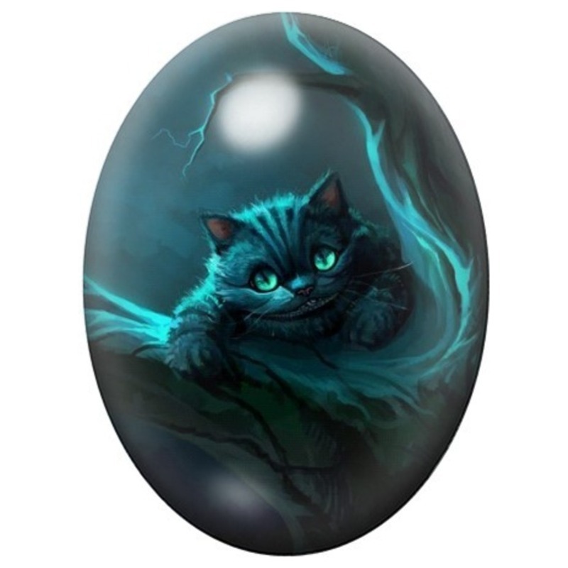 Cabochon en Verre Illustré Chat du Cheshire Turquoise 13x18, 18x25 ou 30x40mm