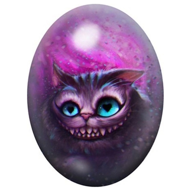 Cabochon en Verre Illustré Chat du Cheshire Rose et Violet 13x18, 18x25 ou 30x40mm