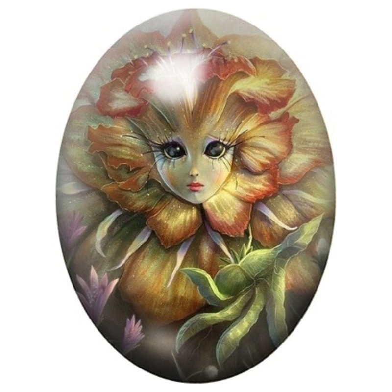 Cabochon en Verre Illustré Fleur Solaire au Visage de Chat 13x18, 18x25 ou 30x40mm