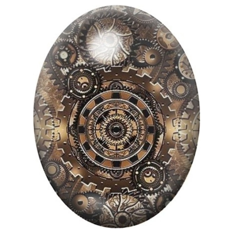 Cabochon en Verre Illustré Horloge aux Rouages Steampunk 13x18, 18x25 ou 30x40mm