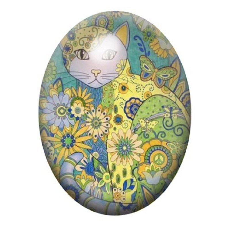 Cabochon en Verre Illustré Chat Fleuri 13x18, 18x25 ou 30x40mm