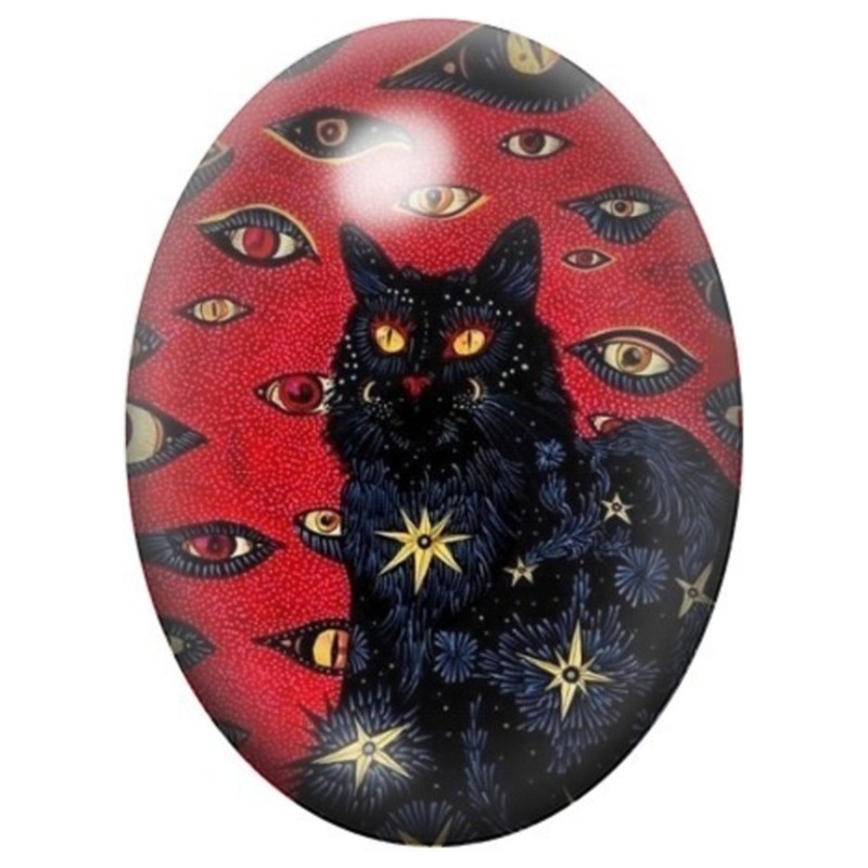 Cabochon en Verre Illustré Chat Noir au Pentacle 13x18, 18x25 ou 30x40mm
