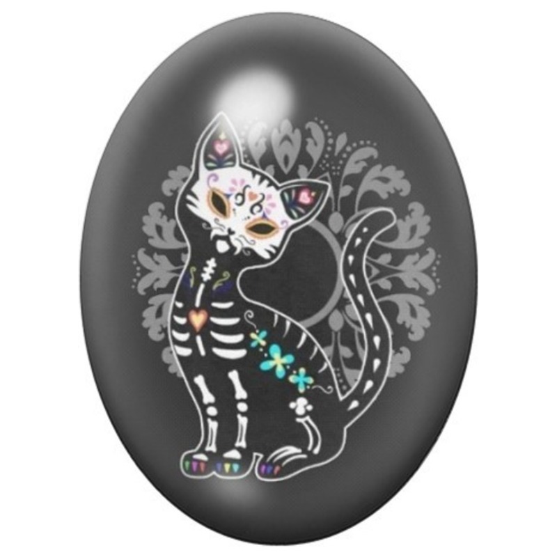 Cabochon en Verre Illustré Chat Squelette aux Ailes 13x18, 18x25 ou 30x40mm