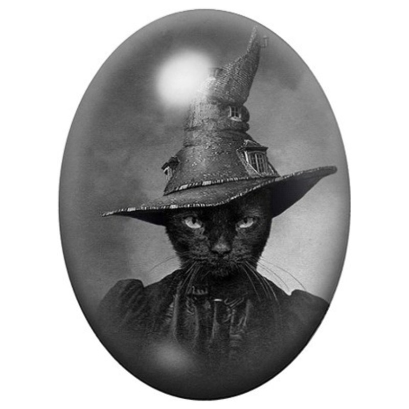 Cabochon en Verre Illustré Chat Sorcier au Chapeau Pointu 13x18, 18x25 ou 30x40mm