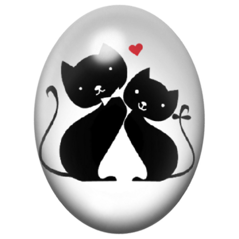Cabochon en Verre Illustré Chats Amoureux au Cœur Rouge 13x18, 18x25 ou 30x40mm