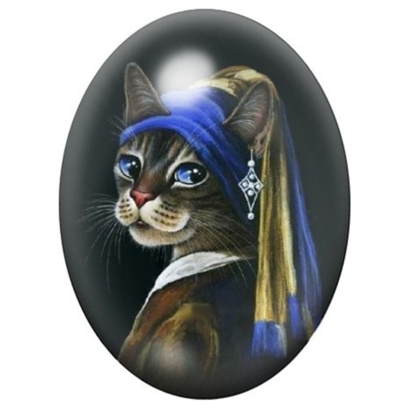 Cabochon en Verre Illustré Chat à la Perle Bleue 13x18, 18x25 ou 30x40mm
