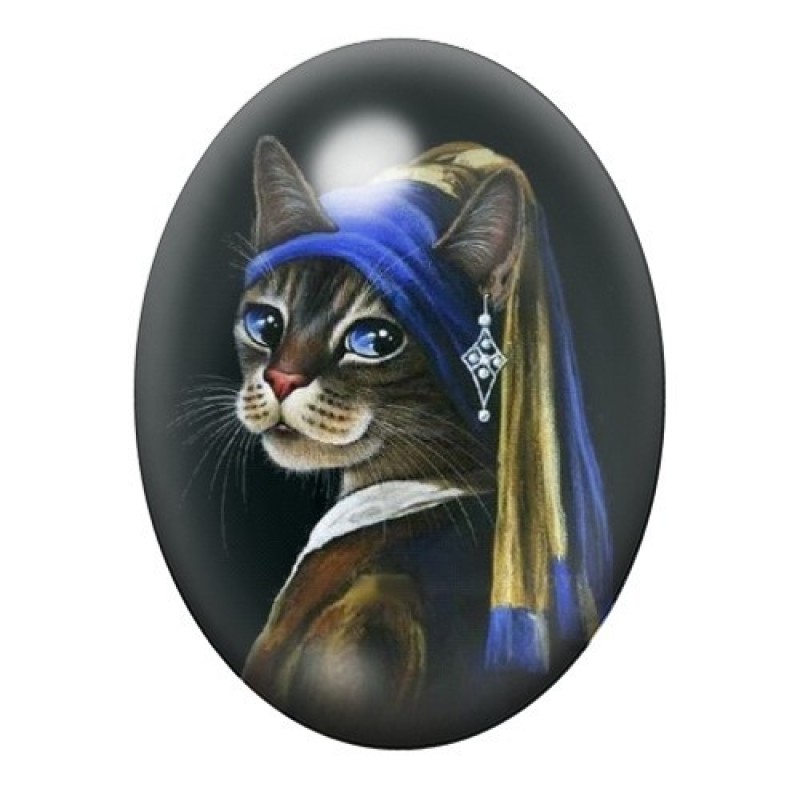 Cabochon en Verre Illustré Chat Style Vermeer 13x18, 18x25 ou 30x40mm