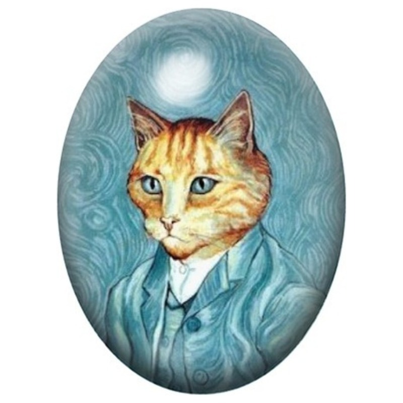 Cabochon en Verre Illustré Chat Roux au Portrait Tourmenté 13x18, 18x25 ou 30x40mm