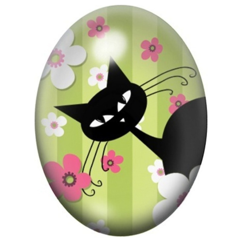 Cabochon en Verre Illustré Silhouette de Chat sur Fond Vert 13x18, 18x25 ou 30x40mm