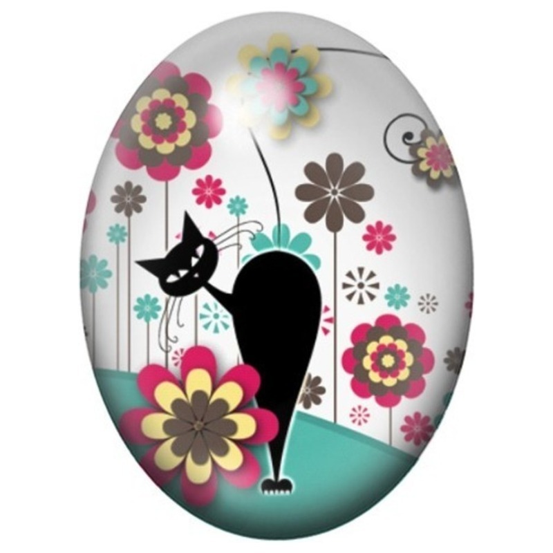 Cabochon en Verre Illustré Silhouette de Chat au Jardin Fleuri 13x18, 18x25 ou 30x40mm