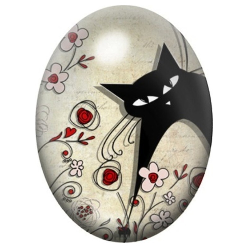 Cabochon en Verre Illustré Chat Noir au Coquelicot Rouge 13x18, 18x25 ou 30x40mm