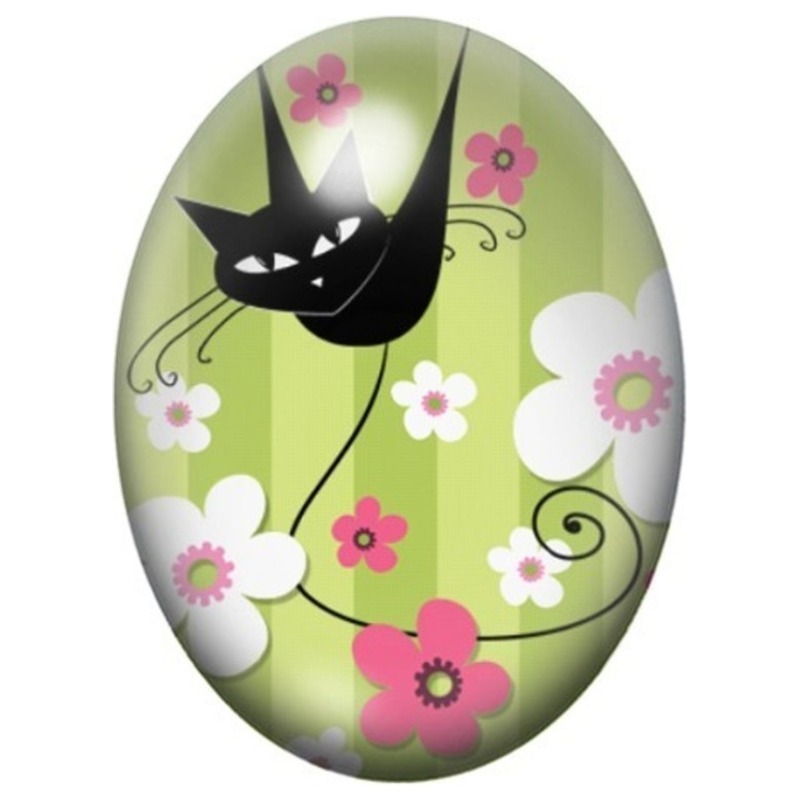Cabochon en Verre Illustré Chat Noir au Jardin Vert 13x18, 18x25 ou 30x40mm