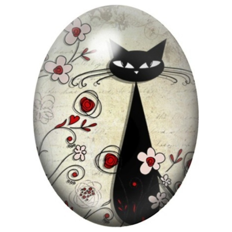 Cabochon en Verre Illustré Chat Noir à la Fleur Blanche 13x18, 18x25 ou 30x40mm