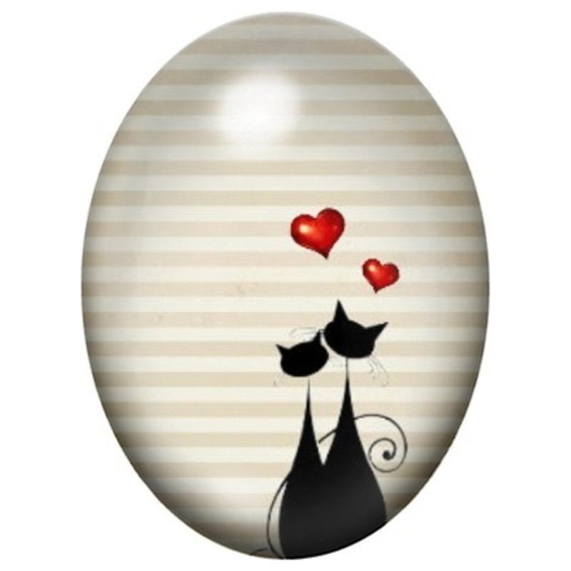 Cabochon en Verre Illustré Chats Amoureux aux Cœurs Rouges 13x18, 18x25 ou 30x40mm