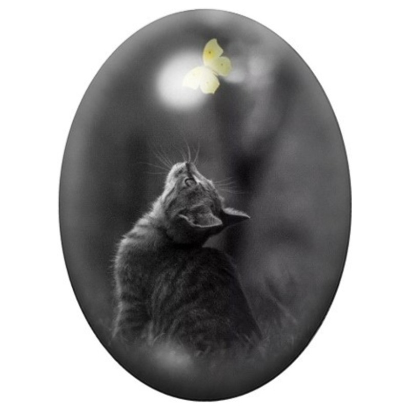 Cabochon en Verre Illustré Chat Noir et Papillon Jaune 13x18, 18x25 ou 30x40mm