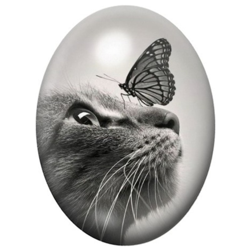 Cabochon en Verre Illustré Chat Gris et Papillon 13x18, 18x25 ou 30x40mm