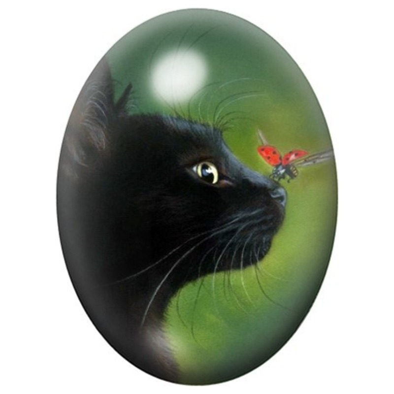 Cabochon en Verre Illustré Chat Noir et Papillon Rouge 13x18, 18x25 ou 30x40mm