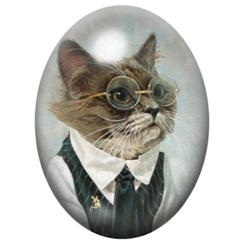Cabochon en Verre Illustré Chat Savant à Lunettes 13x18, 18x25 ou 30x40mm
