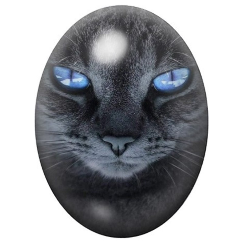 Cabochon en Verre Illustré Chat Noir aux Yeux Bleus 13x18, 18x25 ou 30x40mm