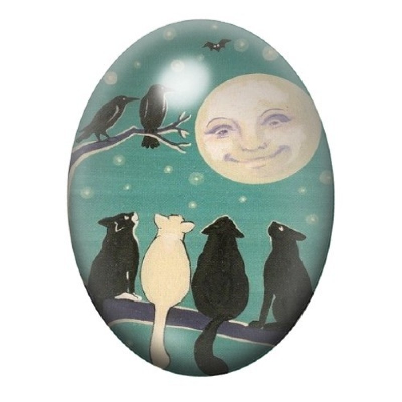 Cabochon en Verre Illustré Chats Lune 13x18, 18x25 ou 30x40mm