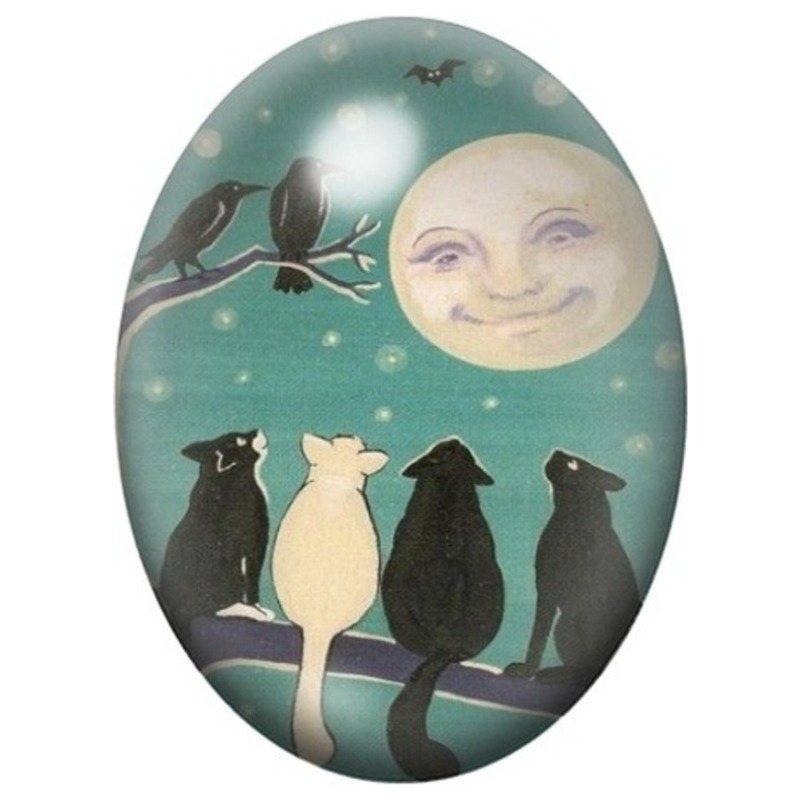 Cabochon en Verre Illustré Chats sous la Pleine Lune 13x18, 18x25 ou 30x40mm
