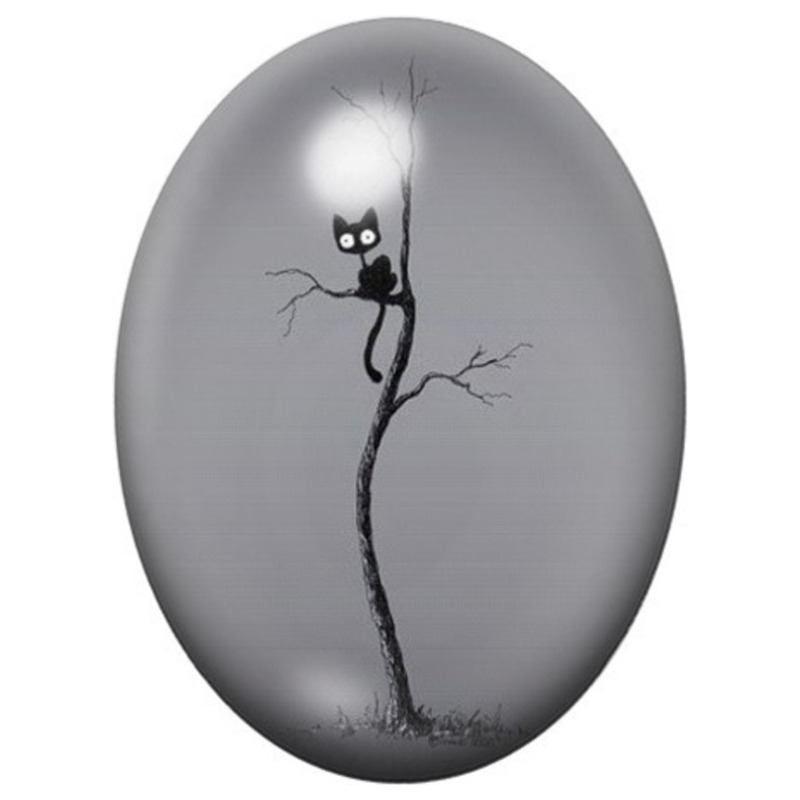 Cabochon en Verre Illustré Chat Noir sur une Branche 13x18, 18x25 ou 30x40mm