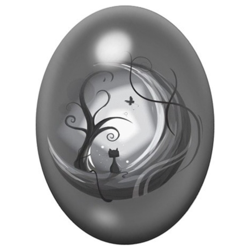 Cabochon en Verre Illustré Chat sous la Lune et l’Arbre 13x18, 18x25 ou 30x40mm