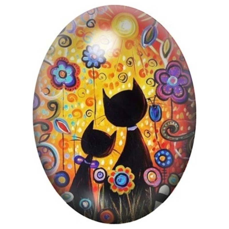 Cabochon en Verre Illustré Chats Noirs au Jardin Coloré 13x18, 18x25 ou 30x40mm