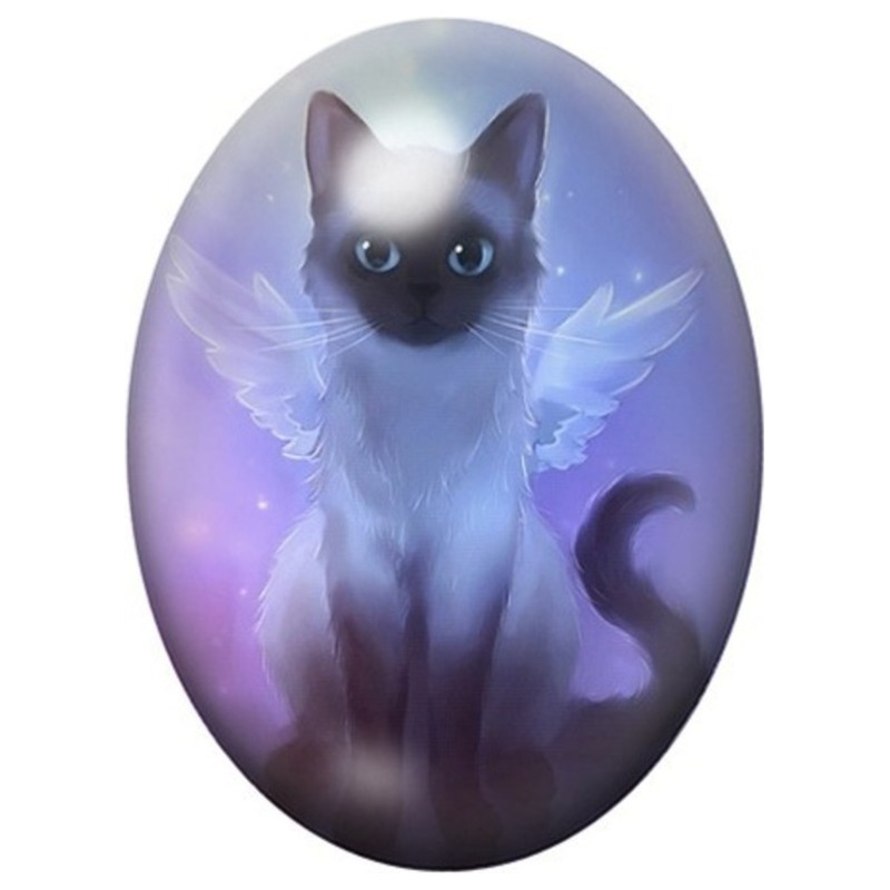 Cabochon en Verre Illustré Chat Ange aux Ailes Bleues 13x18, 18x25 ou 30x40mm
