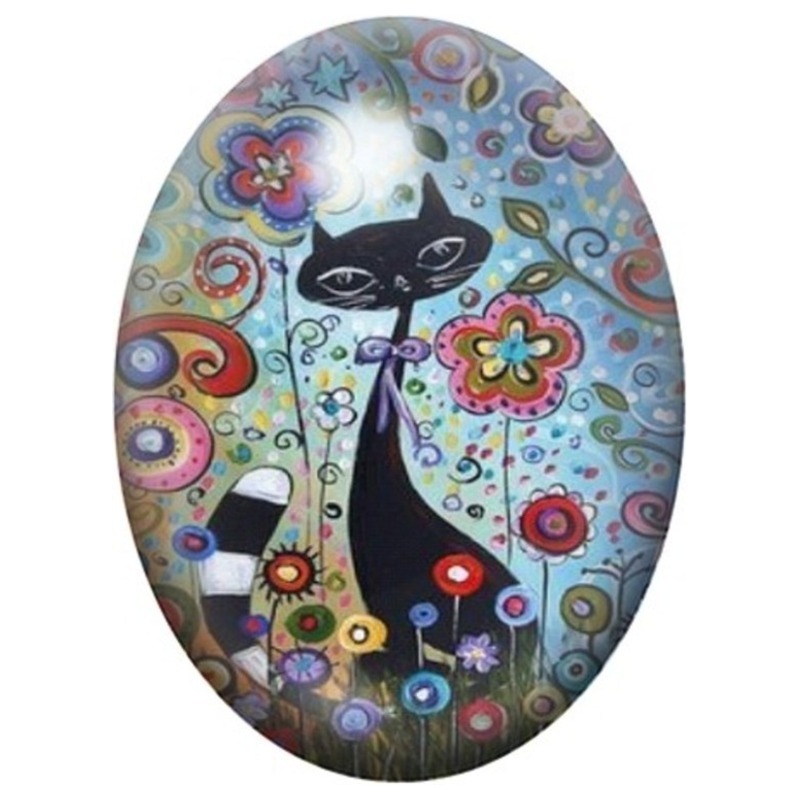 Cabochon en Verre Illustré Chat Bleu au Jardin Fleuri 13x18, 18x25 ou 30x40mm