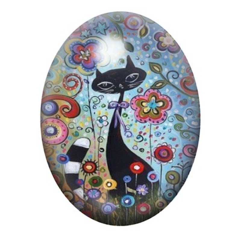 Cabochon en Verre Illustré Chat Fleuri 13x18, 18x25 ou 30x40mm